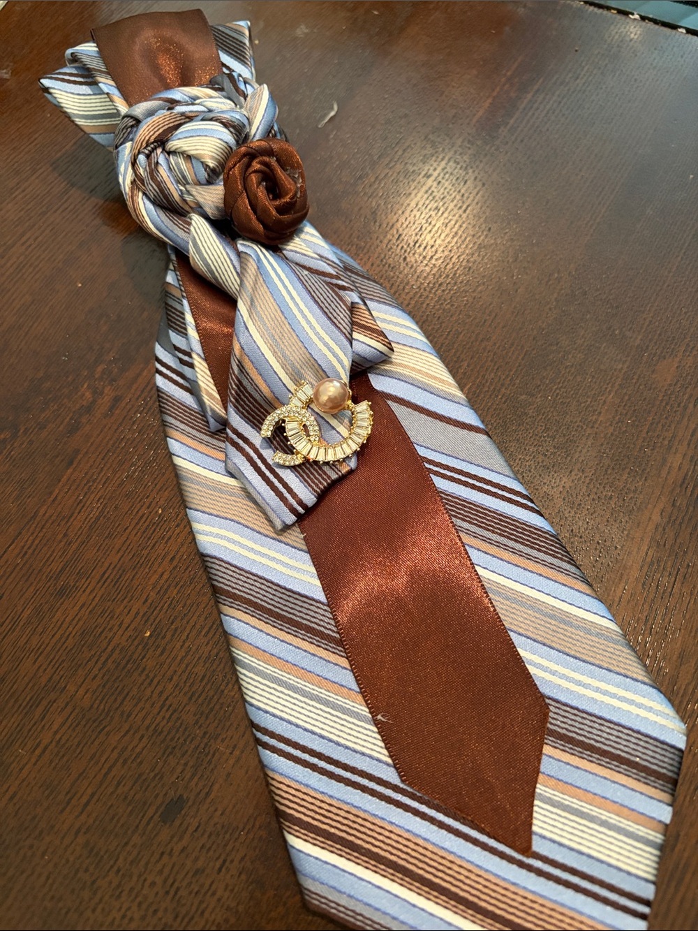 Stafford Women's Striped Tie Necklace With Faux Chanel Brooche